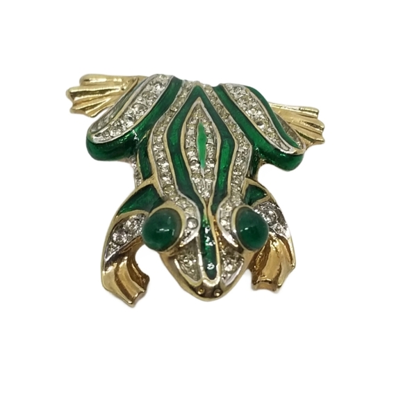 CAROLEE VINTAGE 1980s RARE GOLDTONE, GREEN ENAMEL & RHINESTONE FROG PIN - Picture 4 of 5